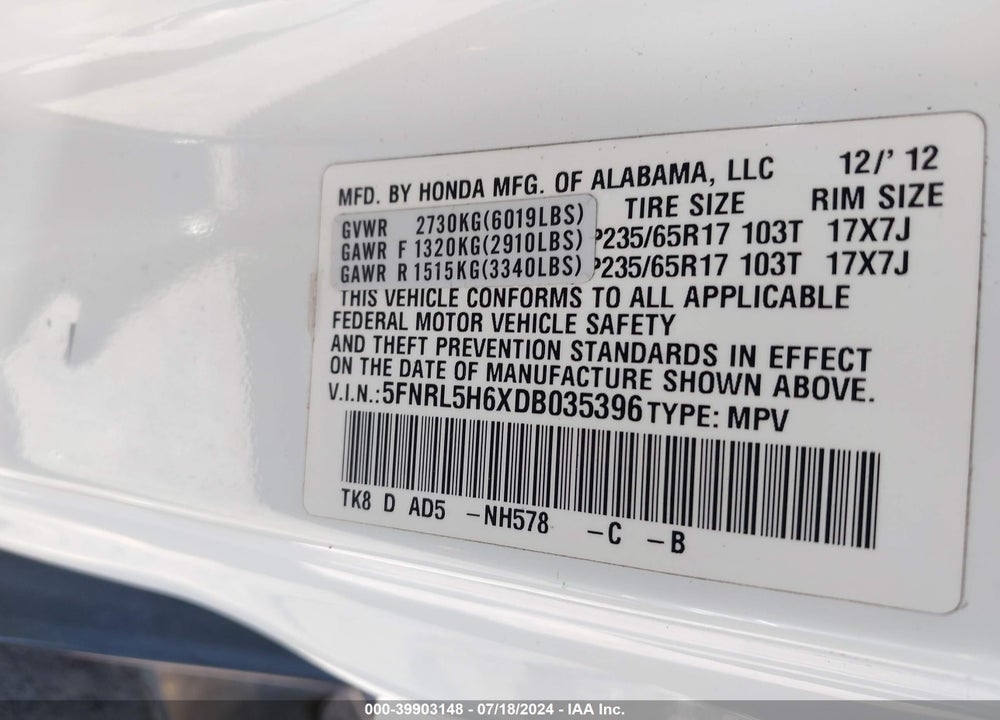 2013 HONDA ODYSSEY EX-L VIN: 5FNRL5H6XDB035396