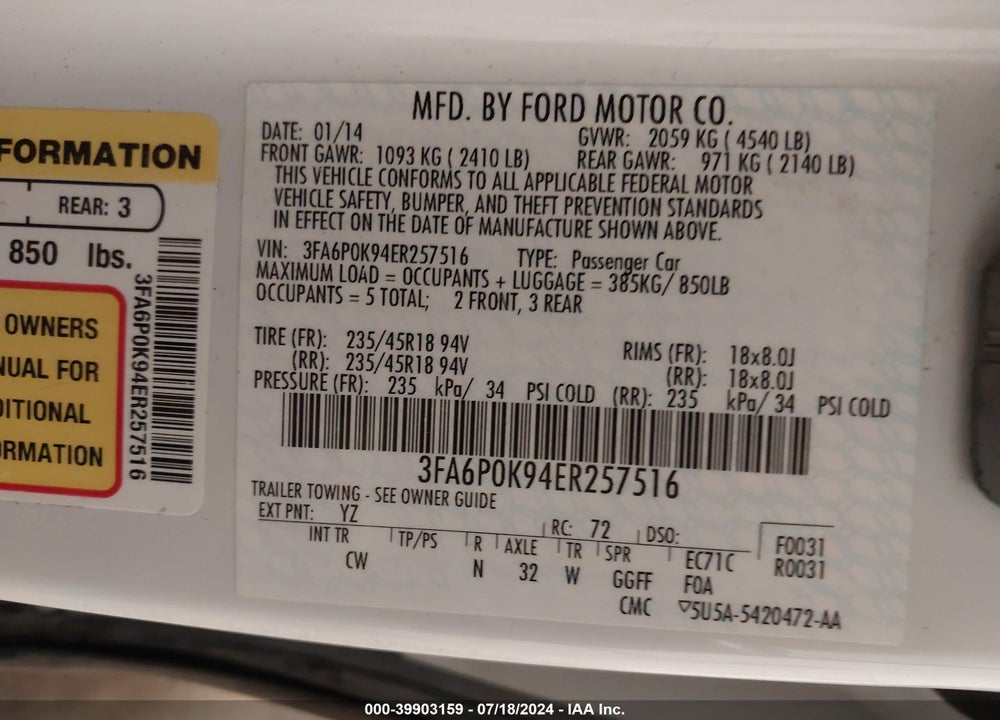 2014 FORD FUSION TITANIUM VIN: 3FA6P0K94ER257516