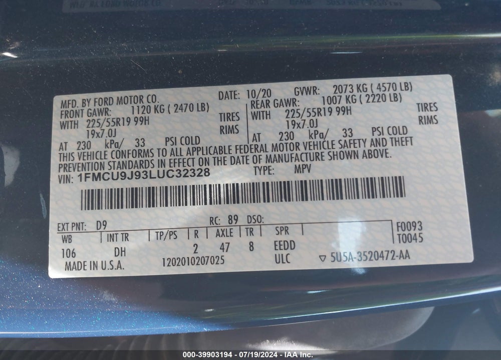 2020 FORD ESCAPE TITANIUM VIN: 1FMCU9J93LUC32328