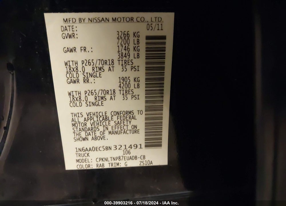 2011 NISSAN TITAN SV VIN: 1N6AA0EC5BN321491