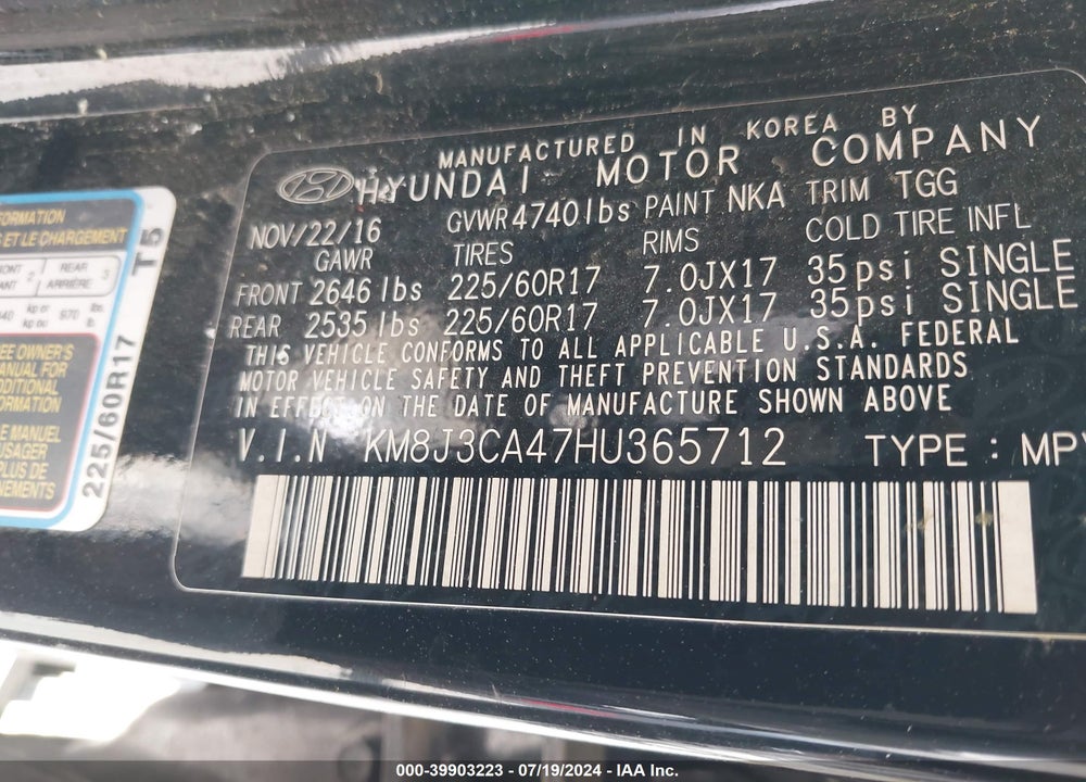 2017 HYUNDAI TUCSON SE VIN: KM8J3CA47HU365712