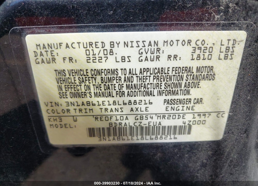 2008 NISSAN SENTRA VIN: 3N1AB61E18L688216
