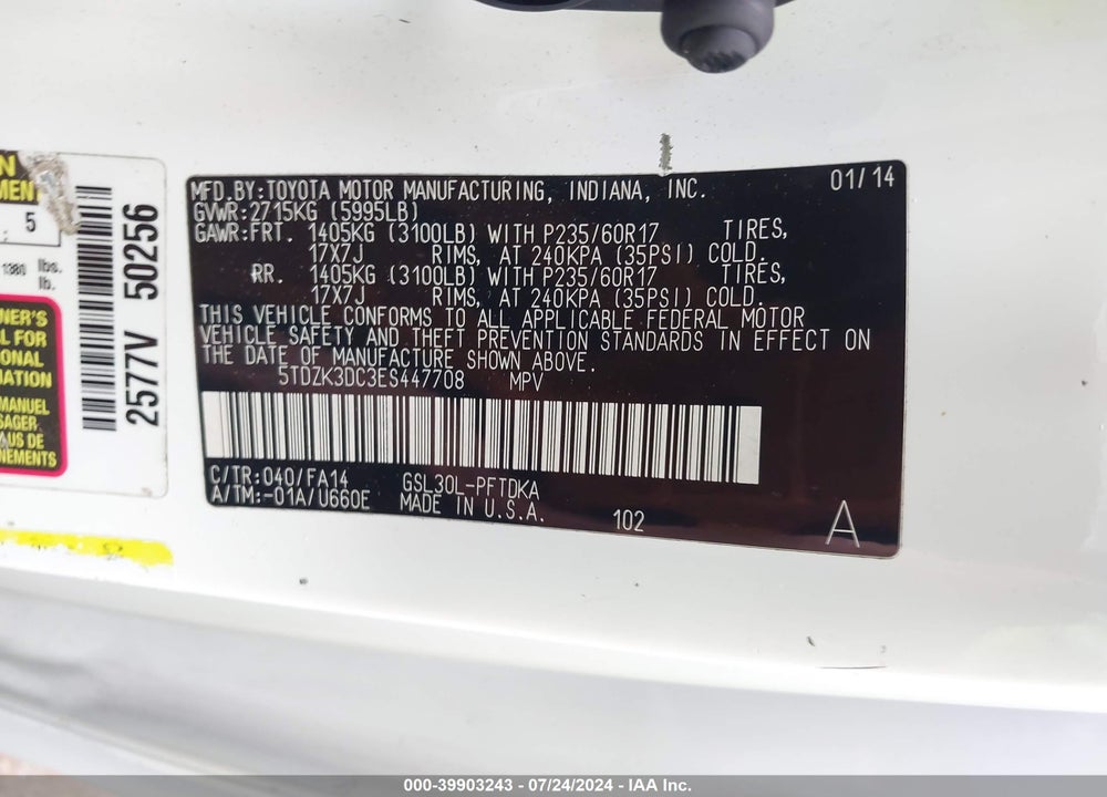 2014 TOYOTA SIENNA L V6 7 PASSENGER VIN: 5TDZK3DC3ES447708