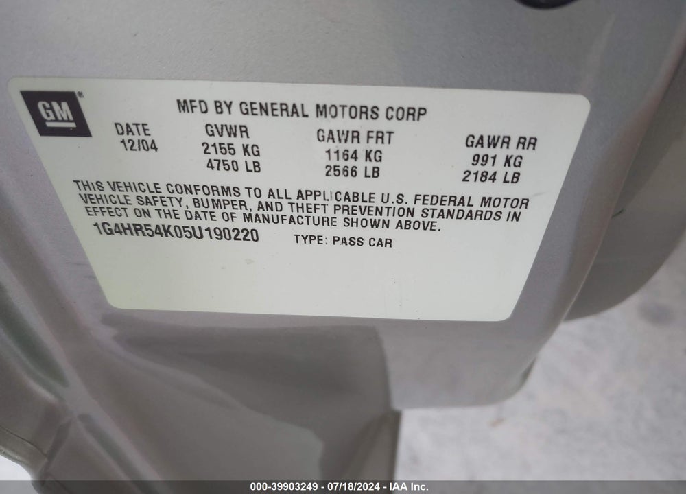 2005 BUICK LESABRE LIMITED VIN: 1G4HR54K05U190220