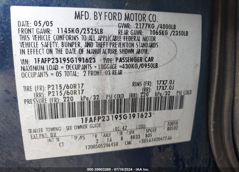 2005 FORD FIVE HUNDRED SE VIN: 1FAFP23195G191623