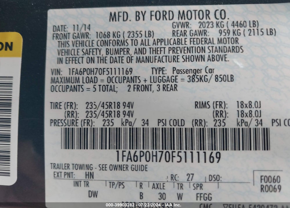 2015 FORD FUSION SE VIN: 1FA6P0H70F5111169
