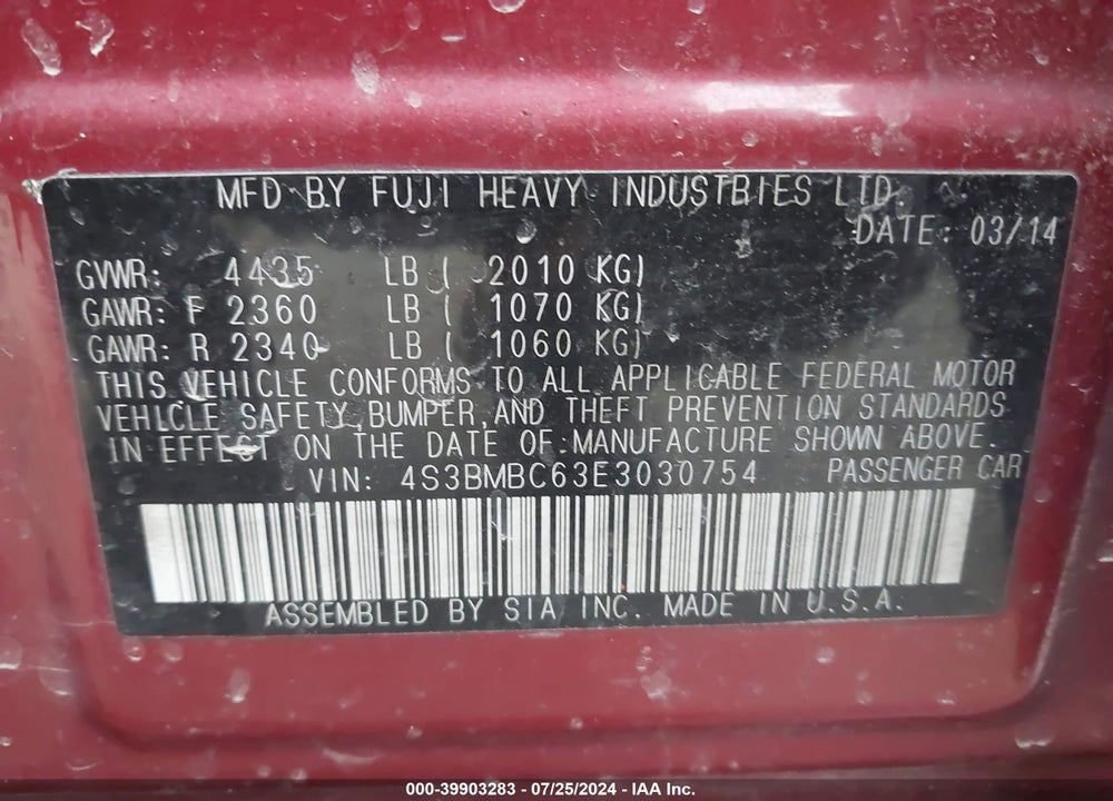 2014 SUBARU LEGACY 2.5I PREMIUM VIN: 4S3BMBC63E3030754