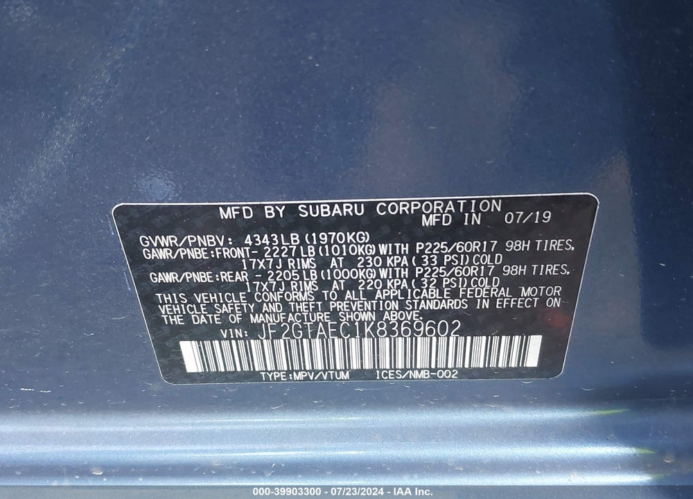 2019 SUBARU CROSSTREK 2.0I PREMIUM VIN: JF2GTAEC1K8369602