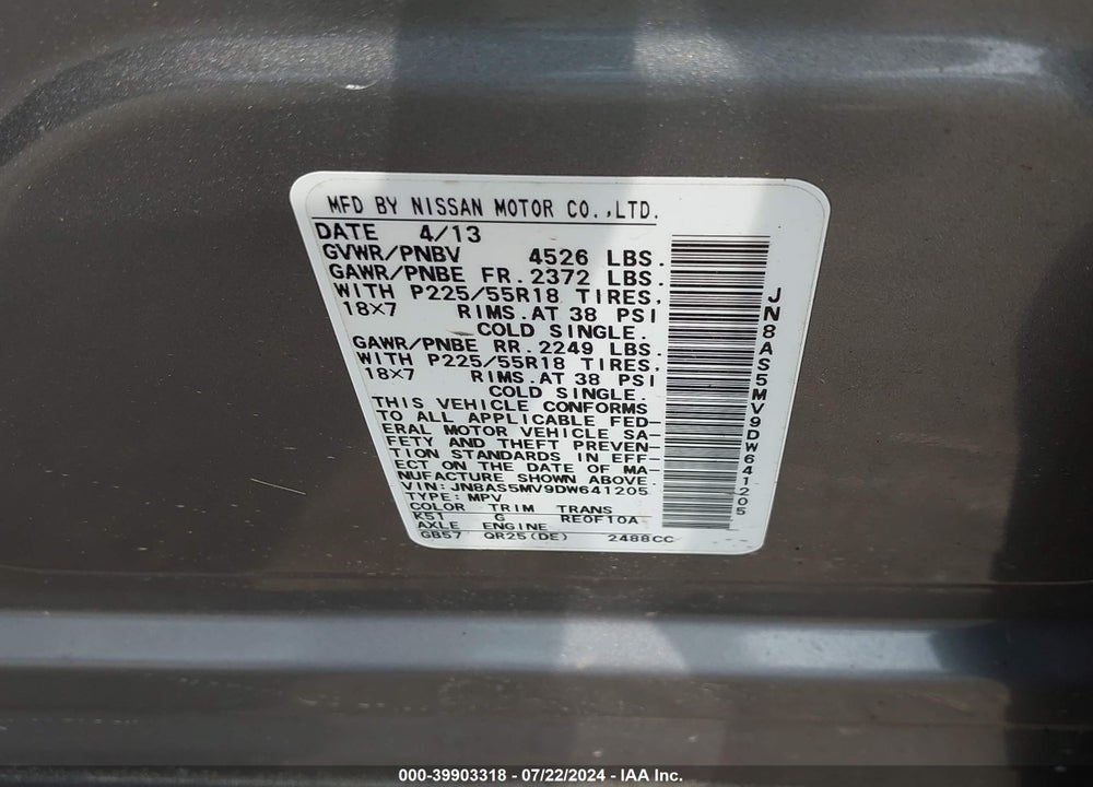 2013 NISSAN ROGUE SV W/SL PKG VIN: JN8AS5MV9DW641205