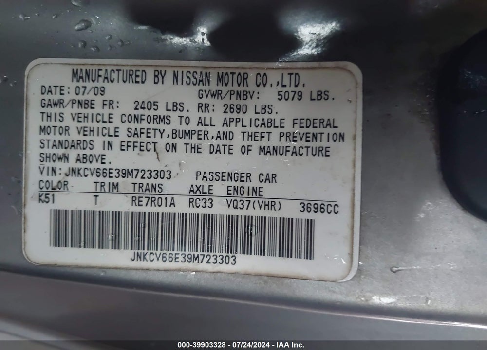 2009 INFINITI G37 VIN: JNKCV66E39M723303