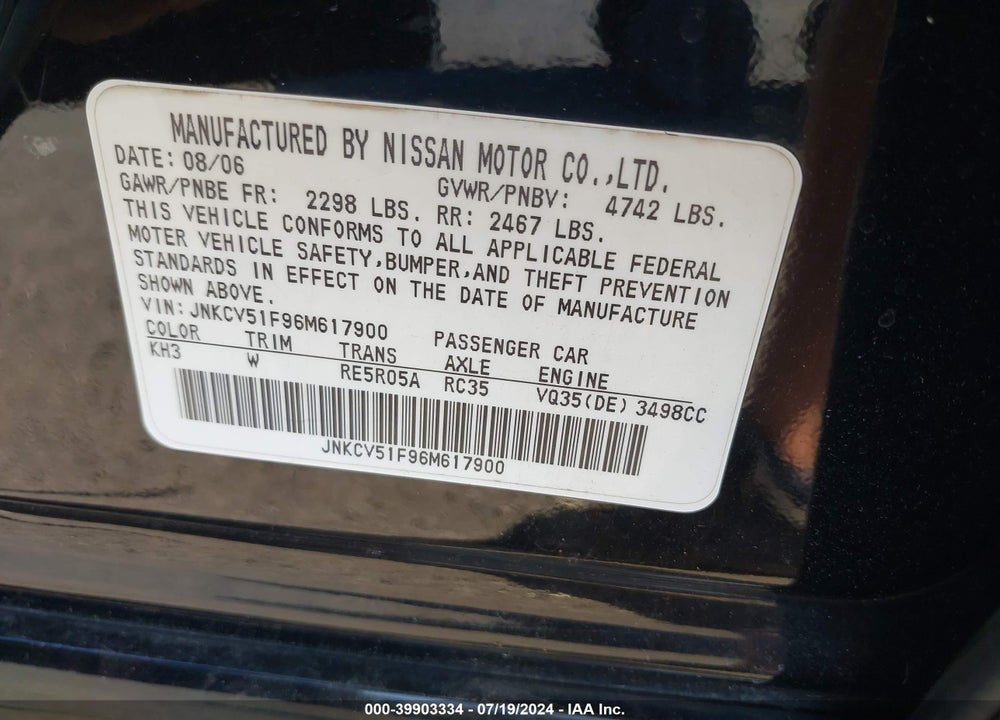 2006 INFINITI G35X VIN: JNKCV51F96M617900