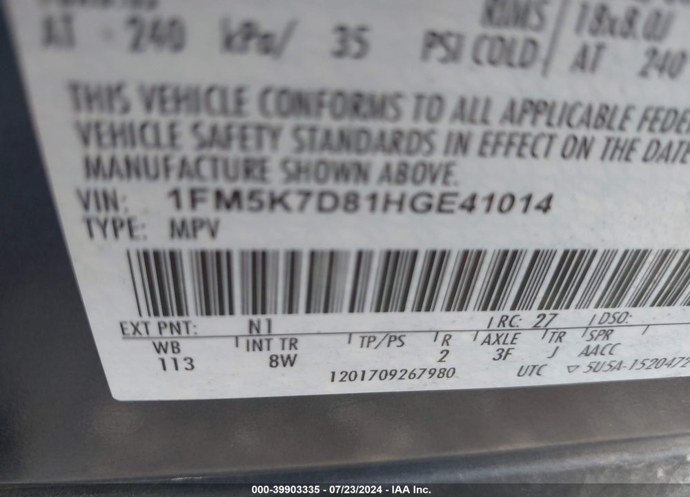 2017 FORD EXPLORER XLT VIN: 1FM5K7D81HGE41014