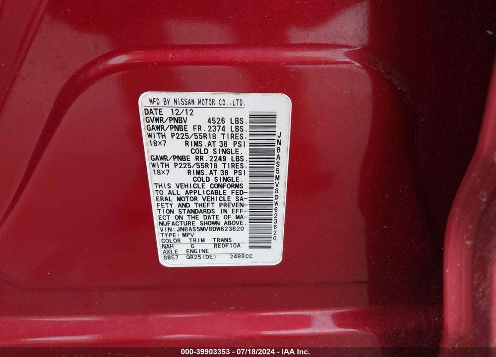 2013 NISSAN ROGUE VIN: JN8AS5MV8DW623620
