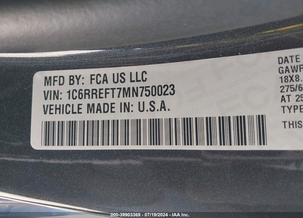 2021 RAM 1500 BIG HORN 4X2 5'7 BOX VIN: 1C6RREFT7MN750023