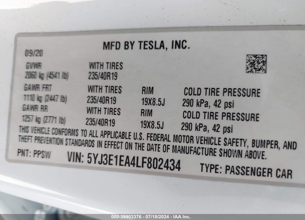 2020 TESLA MODEL 3 VIN: 5YJ3E1EA4LF802434
