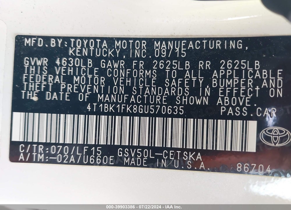 2016 TOYOTA CAMRY XSE V6 VIN: 4T1BK1FK8GU570635