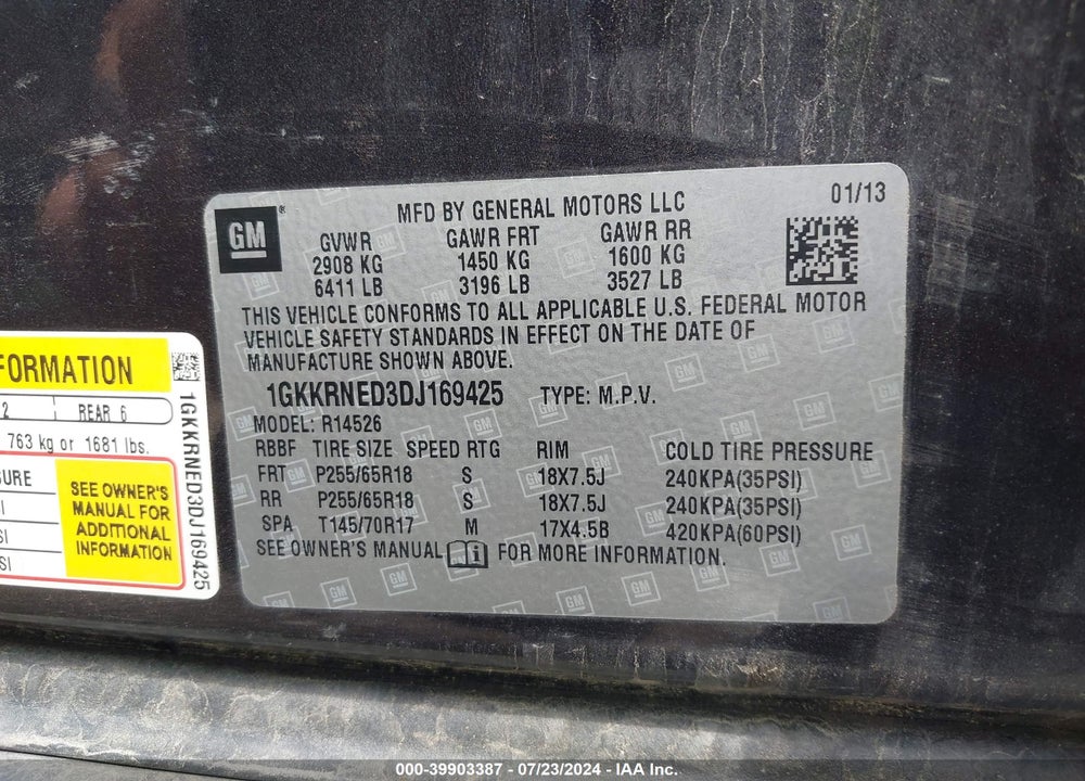 2013 GMC ACADIA SLE-1 VIN: 1GKKRNED3DJ169425