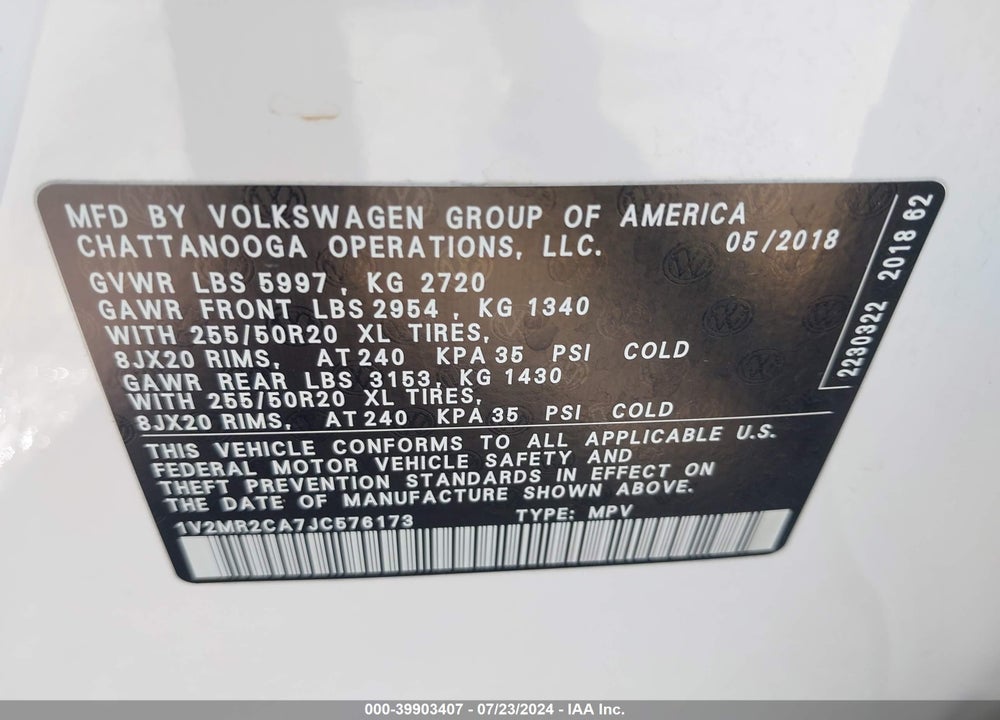 2018 VOLKSWAGEN ATLAS 3.6L V6 SEL VIN: 1V2MR2CA7JC576173