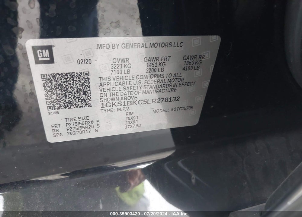2020 GMC YUKON 2WD SLT VIN: 1GKS1BKC5LR278132