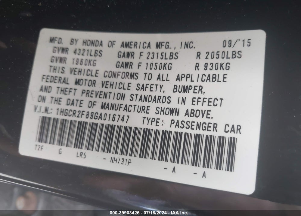2016 HONDA ACCORD EX-L VIN: 1HGCR2F89GA016747