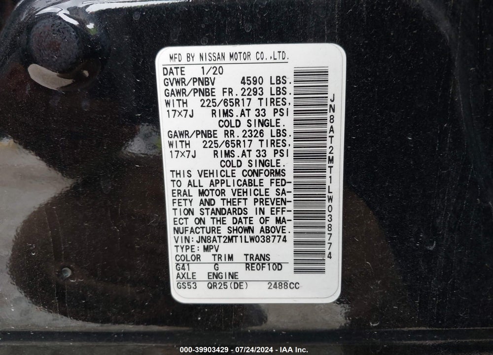 2020 NISSAN ROGUE SV FWD VIN: JN8AT2MT1LW038774