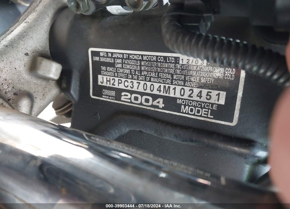 2004 HONDA CBR600 RR VIN: JH2PC37004M102451