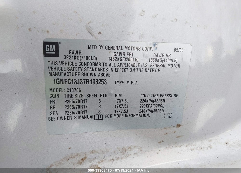 2007 CHEVROLET TAHOE LT VIN: 1GNFC13J37R193253