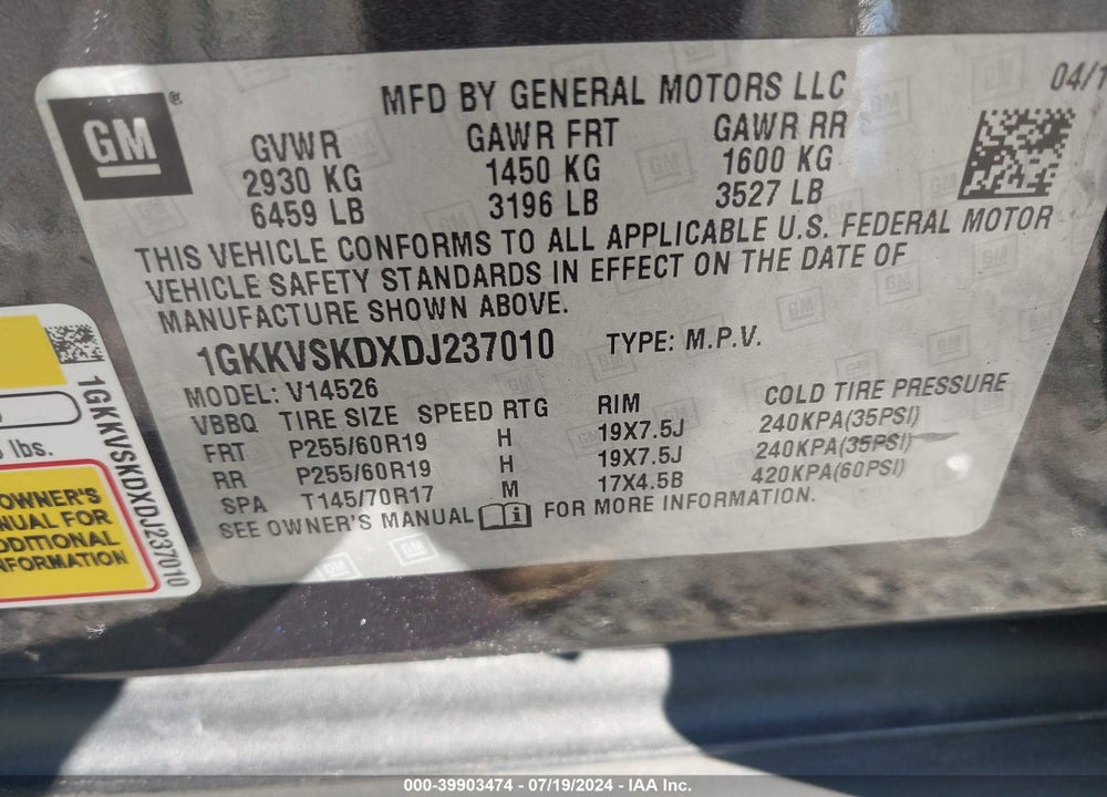 2013 GMC ACADIA SLT-2 VIN: 1GKKVSKDXDJ237010