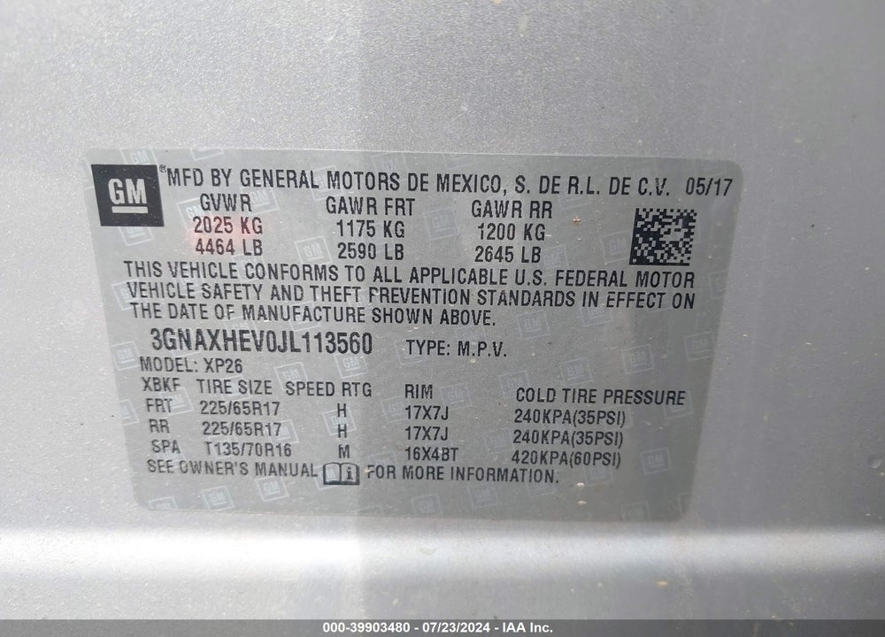 2018 CHEVROLET EQUINOX LS VIN: 3GNAXHEV0JL113560
