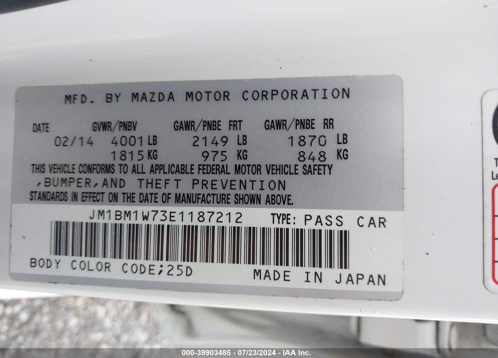 2014 MAZDA 3 I GRAND TOURING VIN: JM1BM1W73E1187212