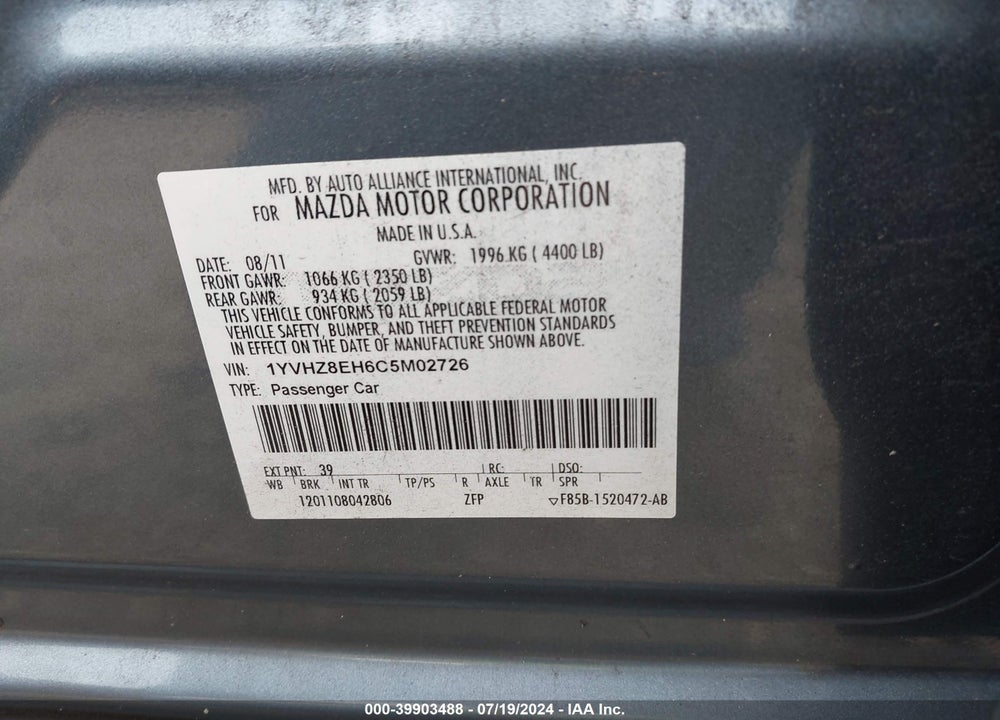 2012 MAZDA 6 I TOURING PLUS VIN: 1YVHZ8EH6C5M02726