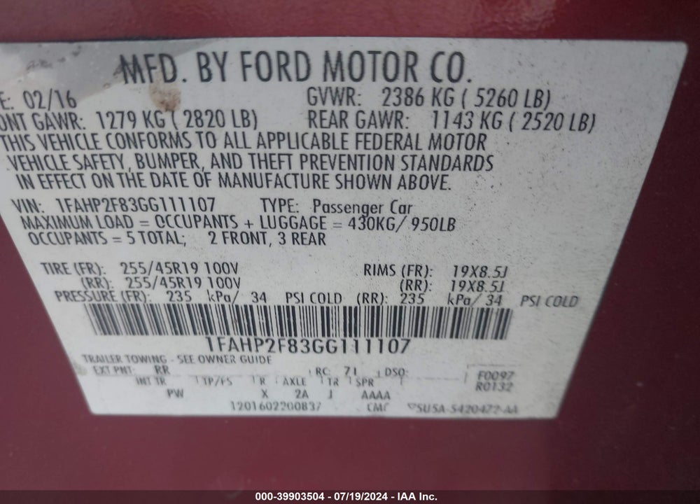 2016 FORD TAURUS LIMITED VIN: 1FAHP2F83GG111107