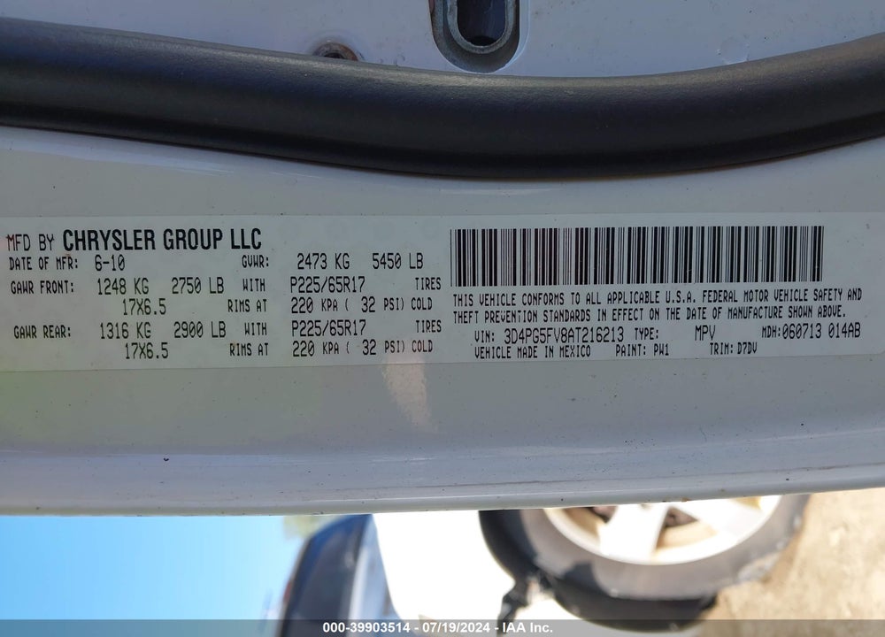 2010 DODGE JOURNEY VIN: 3D4PG5FV8AT216213