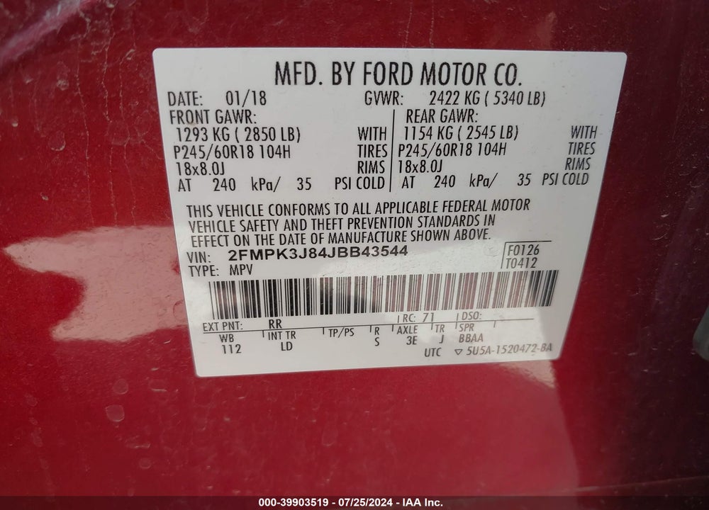 2018 FORD EDGE SEL VIN: 2FMPK3J84JBB43544