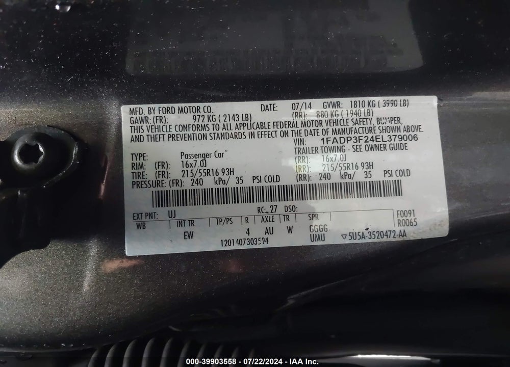 2014 FORD FOCUS SE VIN: 1FADP3F24EL379006