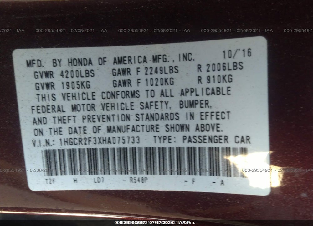 2017 HONDA ACCORD LX VIN: 1HGCR2F3XHA075733