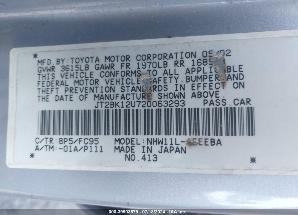 2002 TOYOTA PRIUS VIN: JT2BK12U720063293