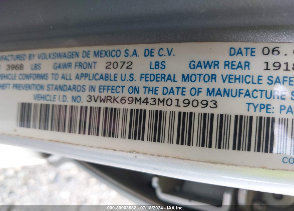 2003 VOLKSWAGEN JETTA VIN: 3VWRK69M43M019093