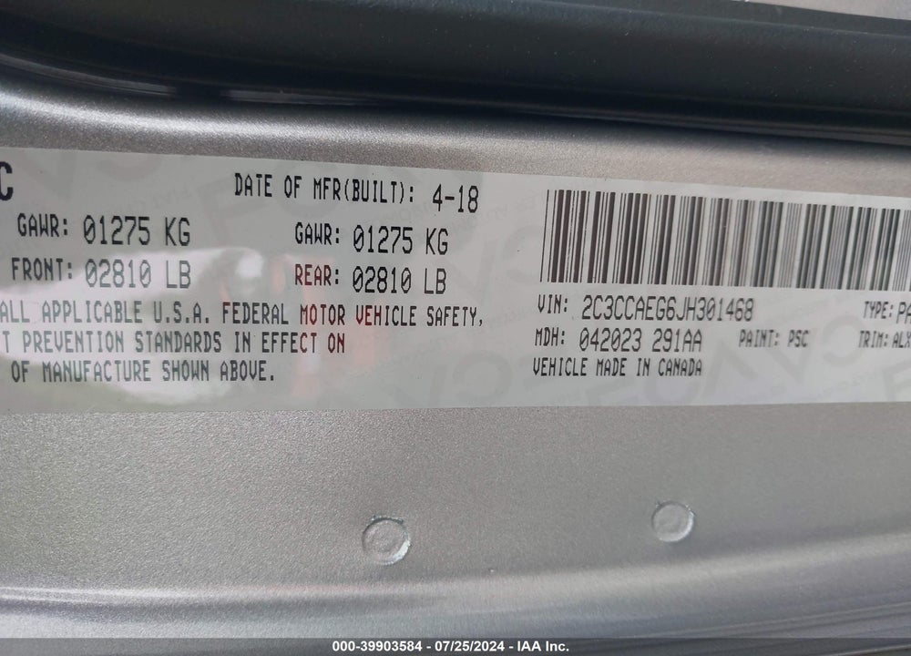 2018 CHRYSLER 300 LIMITED VIN: 2C3CCAEG6JH301468
