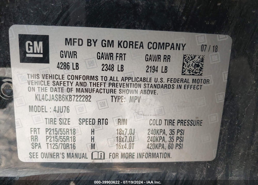 2019 BUICK ENCORE FWD PREFERRED VIN: KL4CJASB6KB722282