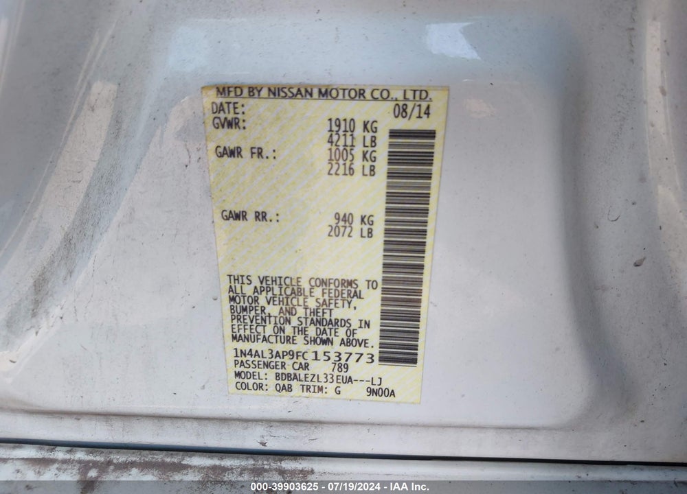 2015 NISSAN ALTIMA VIN: 1N4AL3AP9FC153773