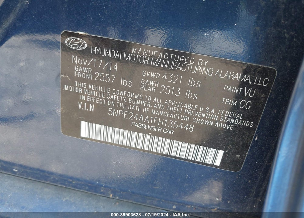 2015 HYUNDAI SONATA ECO VIN: 5NPE24AA1FH135448