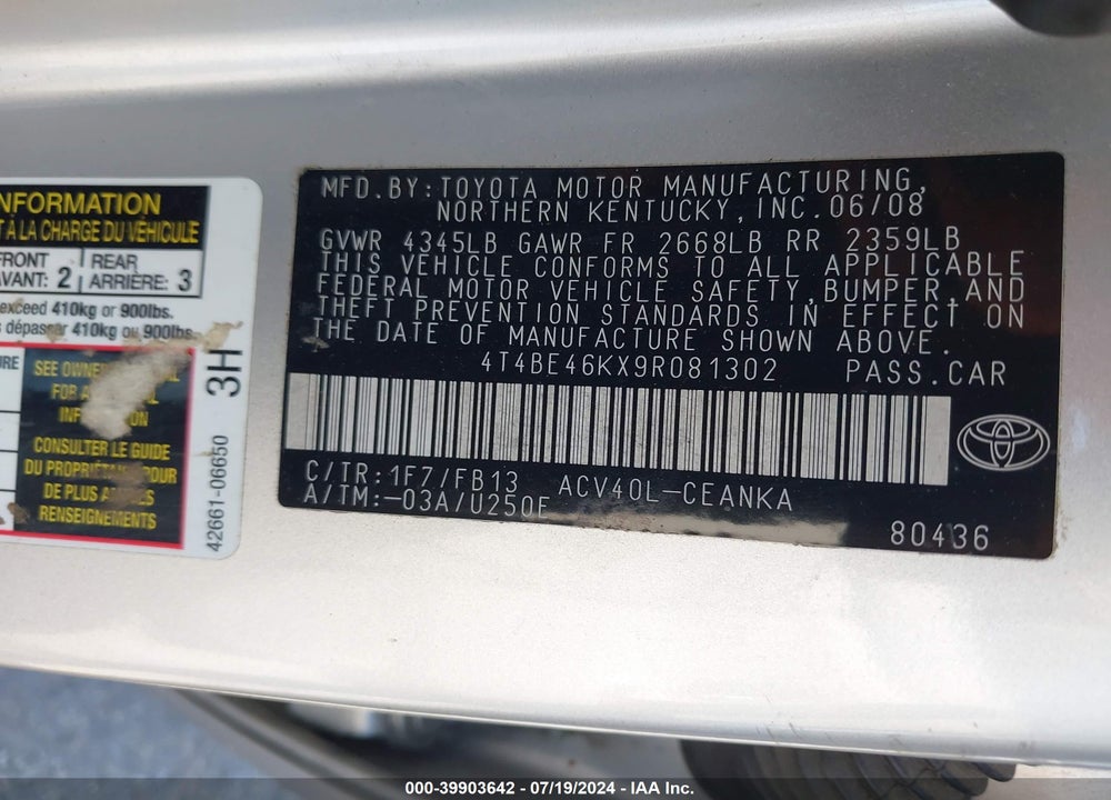 2009 TOYOTA CAMRY LE VIN: 4T4BE46KX9R081302