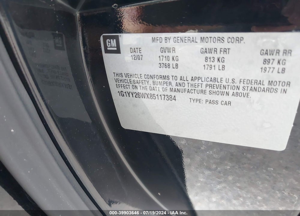 2008 CHEVROLET CORVETTE VIN: 1G1YY26WX85117384