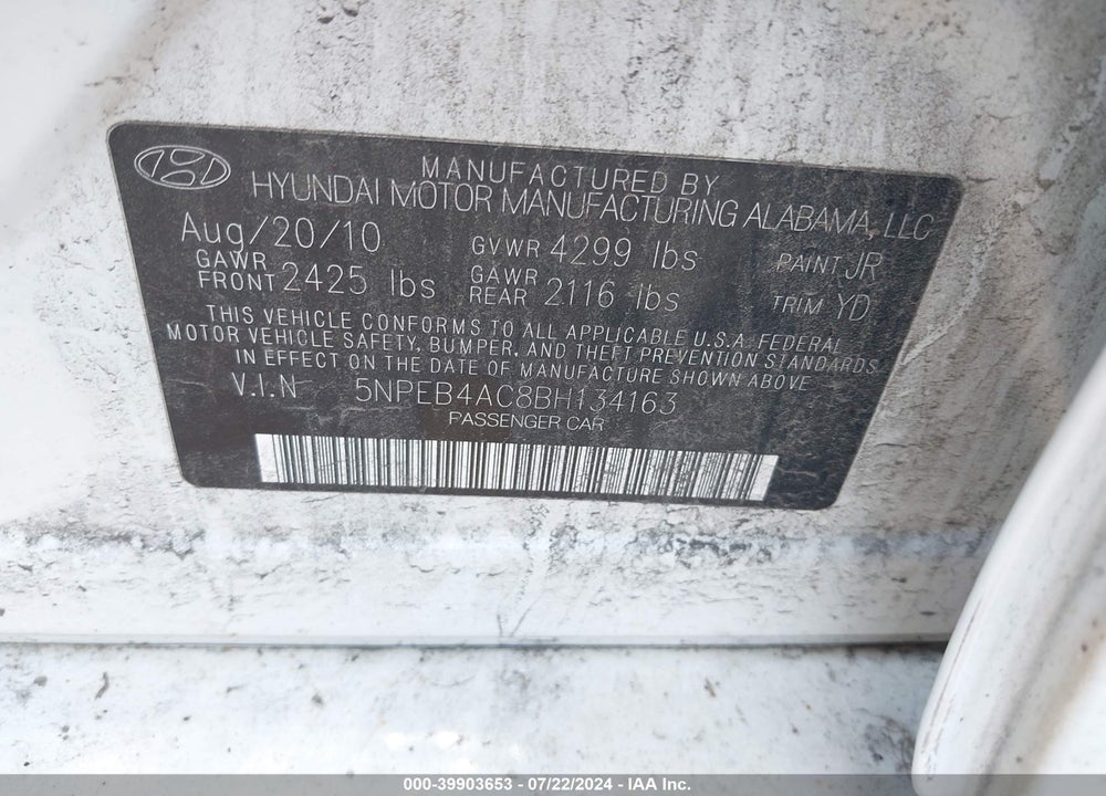 2011 HYUNDAI SONATA VIN: 5NPEB4AC8BH134163