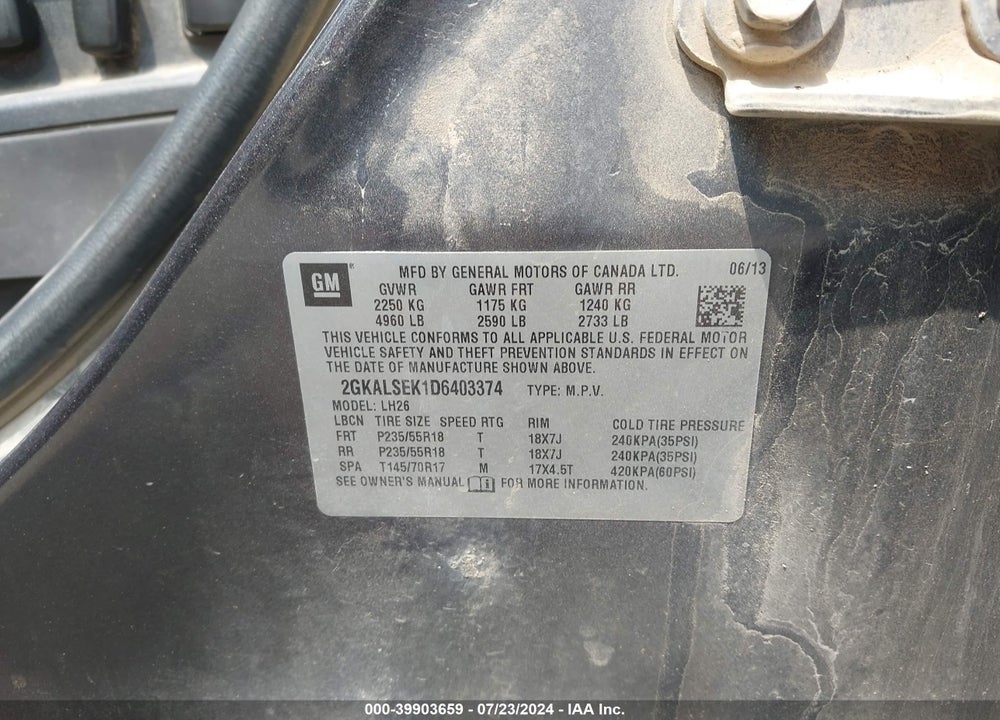 2013 GMC TERRAIN SLE-2 VIN: 2GKALSEK1D6403374