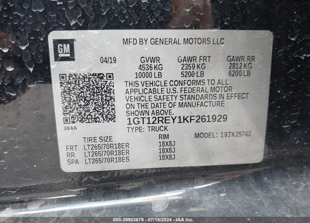 2019 GMC SIERRA 2500HD SLT VIN: 1GT12REY1KF261929