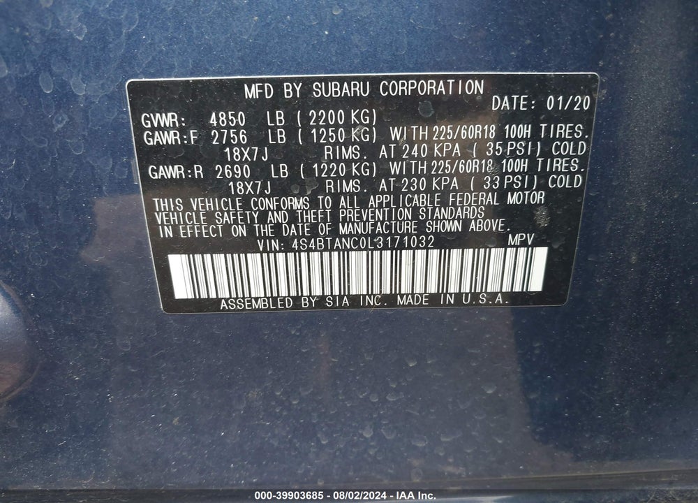2020 SUBARU OUTBACK LIMITED VIN: 4S4BTANC0L3171032