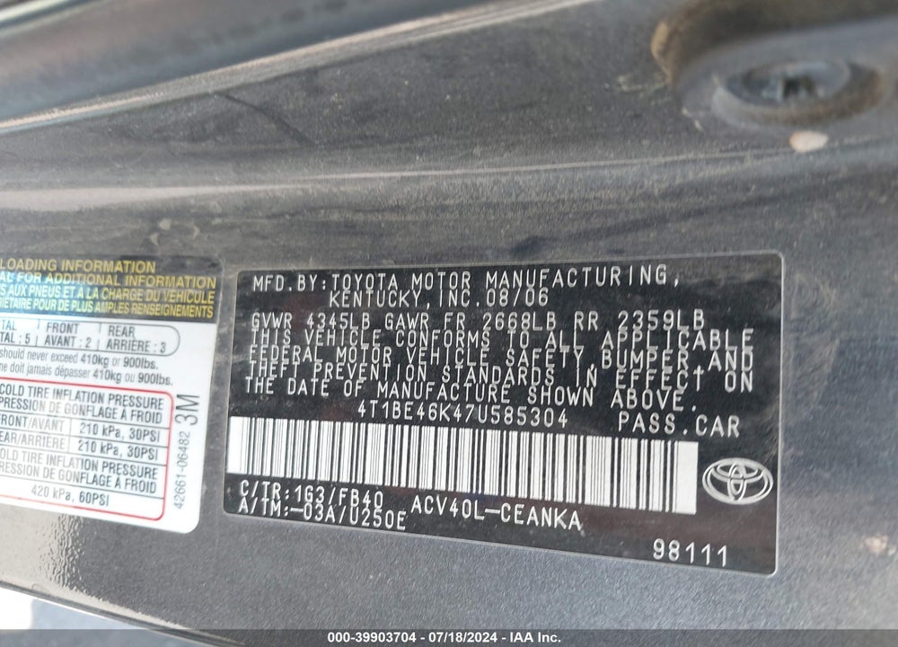 2007 TOYOTA CAMRY LE VIN: 4T1BE46K47U585304