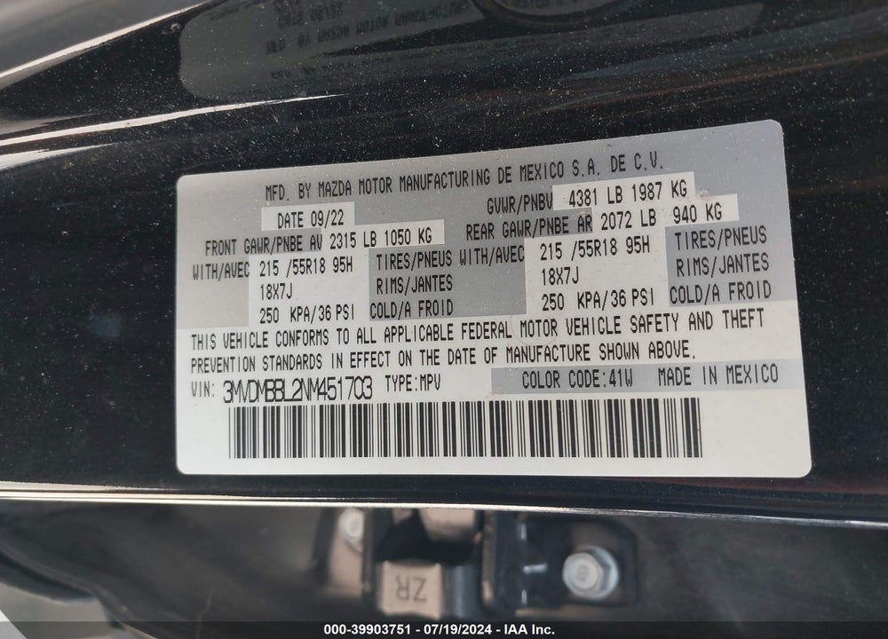 2022 MAZDA CX-30 SELECT VIN: 3MVDMBBL2NM451703